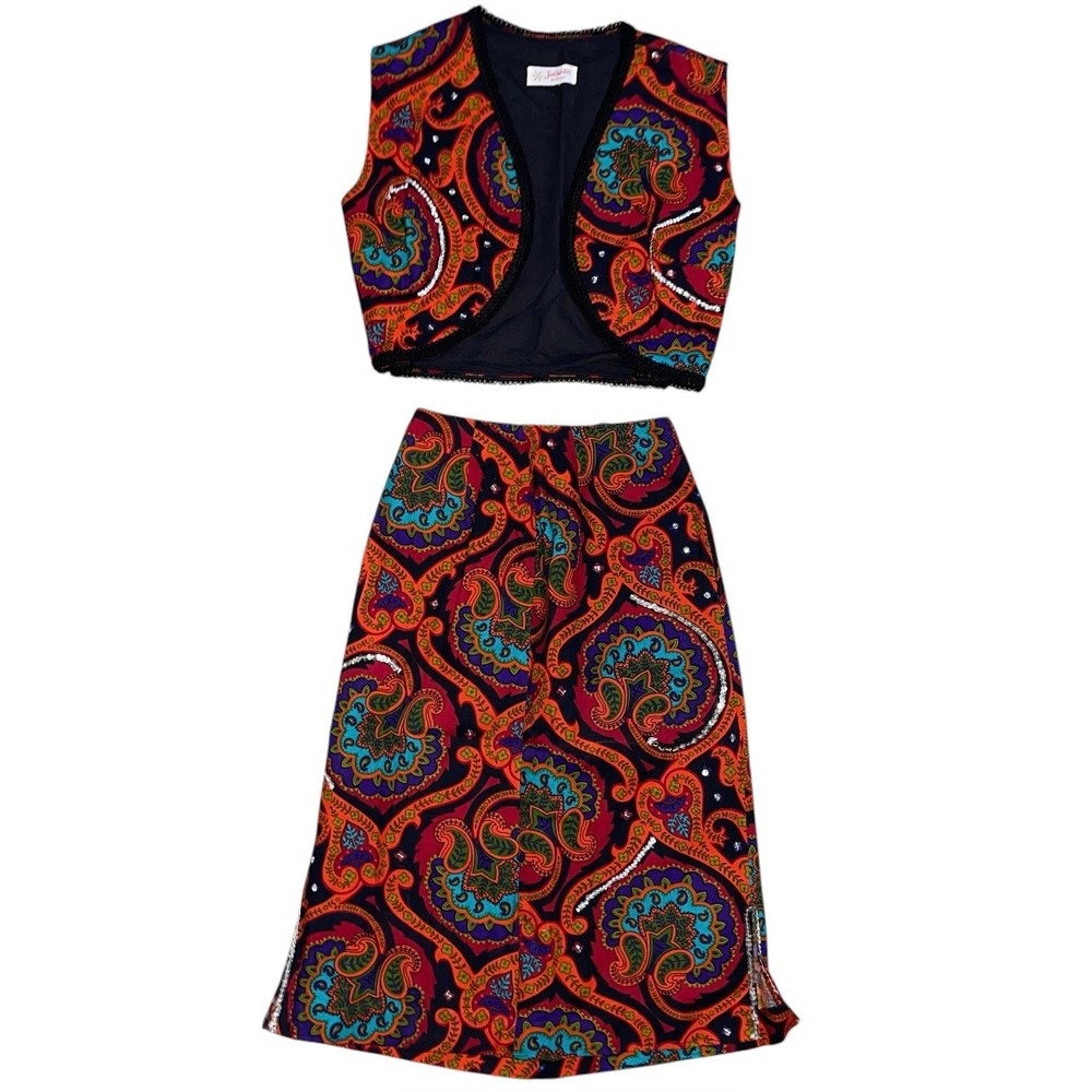 Vintage 70s Jack Winter Kids Paisley Vest Skirt Set Red Purple Sequin 2 Piece